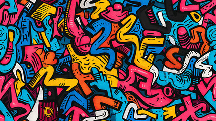 graffiti on wall - Cartoon style, multi color, colorful - Bold and vibrant graffiti doodles with expressive lines and vibrant colors - Seamless tile. Endless and repeat print.