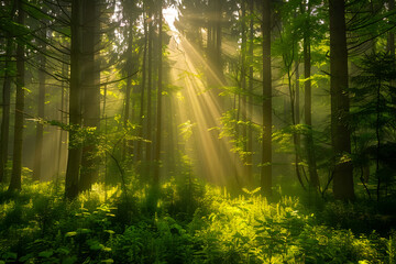 Radiant sunbeams shining through a lush green forest, creating a mystical atmosphere