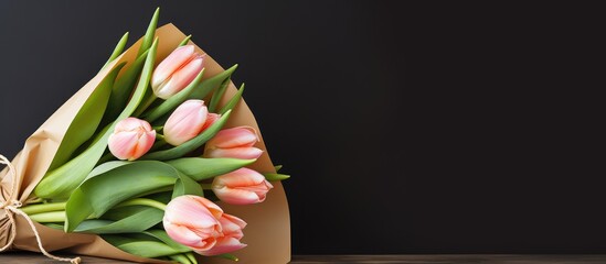 A beautiful bouquet of double tulips wrapped in kraft paper an ideal gift to brighten the spirits of someone who is feeling unwell and to express wishes for a speedy recovery Copy space image