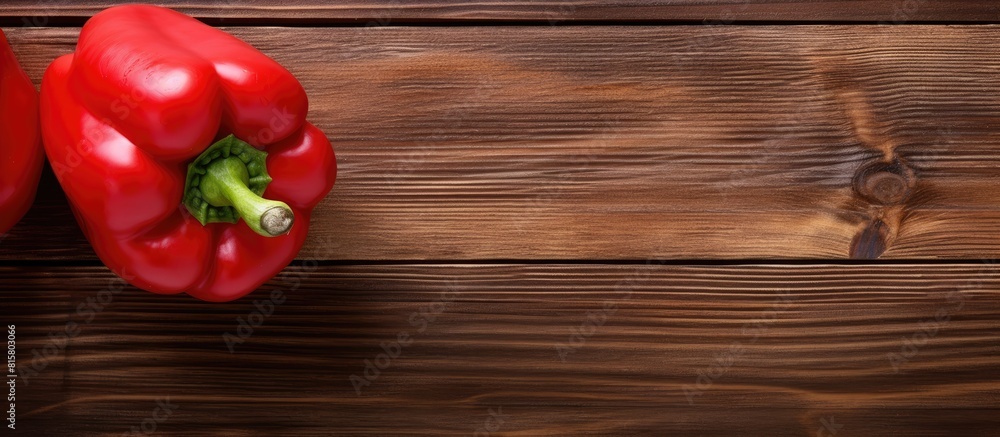 Poster a top down view of a red bell pepper placed on a wooden table offering ample space for text or other