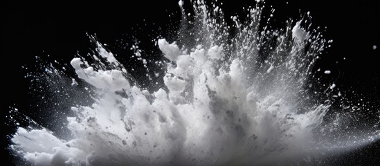 A dynamic and vibrant image of white powder bursting against a sleek black backdrop creating an explosive and captivating copy space image