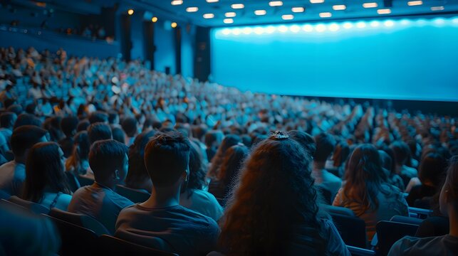 A large audience of students in the auditorium, sitting and watching an event on stage with screen presentation .
