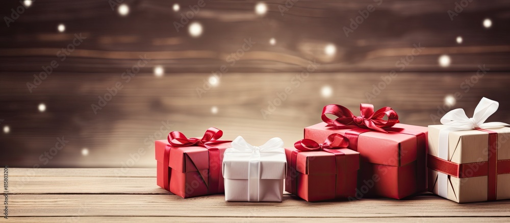Poster a copy space image featuring red and white gift boxes adorned with bows and ribbons placed on a rust