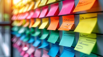 vibrant sticky notes on a whiteboard create a backdrop for a brainstorming session, offering ample copy space for capturing concepts