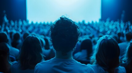 A large audience of students in the auditorium, sitting and watching an event on stage with screen presentation .
