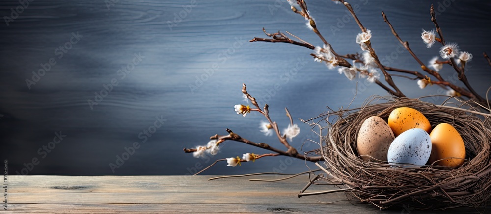 Poster a copy space image featuring an easter egg and a willow branch placed on a rustic wooden backdrop
