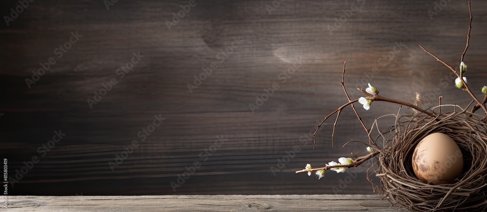 Poster a copy space image featuring an easter egg and a willow branch placed on a rustic wooden backdrop
