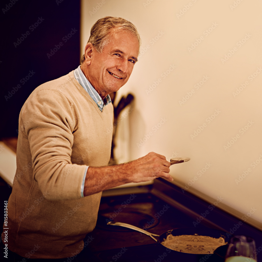 Poster Dinner, portrait and elderly man with cooking at home for retirement, nutrition and meal prep. Happy, house and senior person in kitchen with ingredient in pan for food, healthy diet and recipe