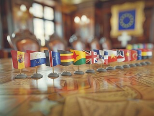 Row of international flags on small stands arranged on a wooden table in an elegant meeting room