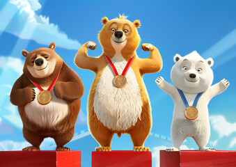 3d illustration of a group of bears with medals on the podium