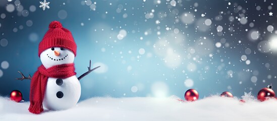 Festive background with a smiling snowman in a Christmas setting perfect for copy space image