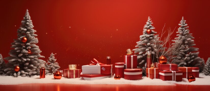 A festive Christmas scene with a red backdrop showcases white pedestals adorned with fir tree branches ornaments and a range of cosmetics and beauty products The image serves as an advertisement prov