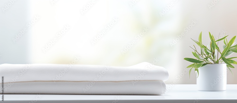 Poster the folded white towel sits on the white table in the room creating a visually pleasing composition.