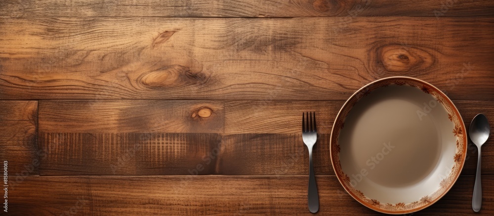 Poster from an aerial perspective a wooden table is adorned with an empty plate and silverware set creating