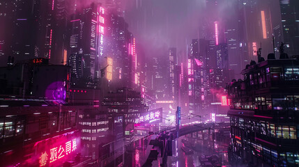 A cybernetic cityscape bathed in the glow of neon lights and holographic projections, where artificial intelligence governs every aspect of daily life with efficiency and precision.