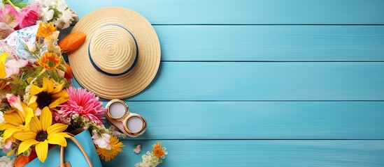 A summer inspired women s travel concept featuring a collection of essentials including a straw bag vibrant flowers cosmetic products a notepad and jewelry against a backdrop of a blue wooden surface - Powered by Adobe