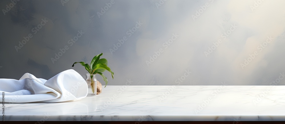 Poster copy space image of a white marble desk with a napkin on it against a wall background with shadows p