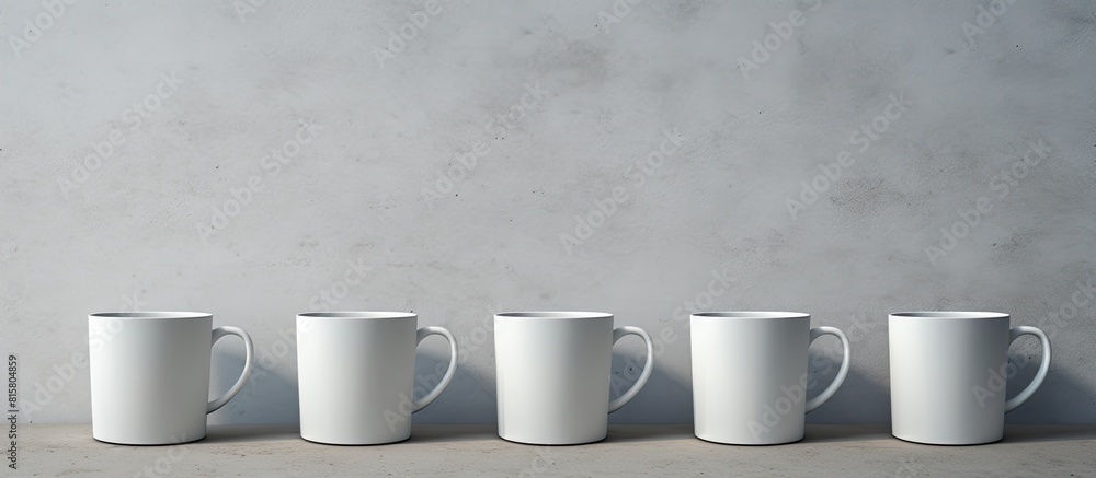 Poster copy space image of white ceramic mugs displayed on a gray background complemented by subtle shadows