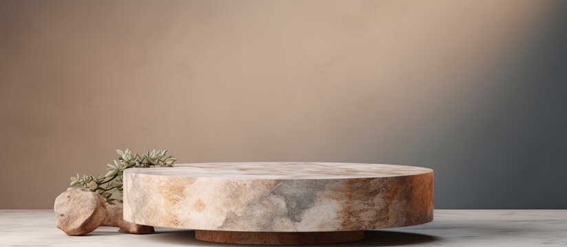 A natural rock pedestal used for promoting beauty products The stone podium is set against a gray background creating a trendy and neutral color scheme It serves as a display case showcasing beauty p