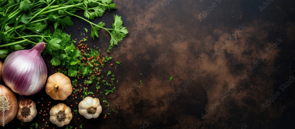 Poster an overhead view of a combination of onion parsley and oil on a vintage backdrop with ample empty sp