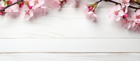 Pink peach flowers adorn cosmetic creams set on a copy space image of white wooden background
