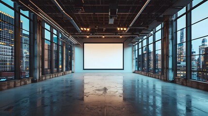 Fototapeta premium A large empty space with a blank white screen in the center, surrounded by windows overlooking city buildings. 