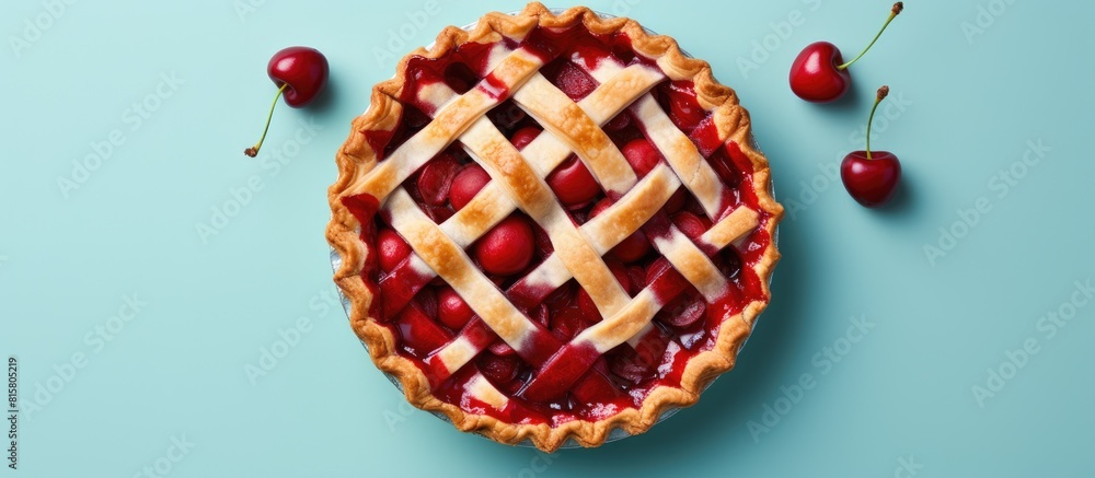 Poster a homemade cherry pie placed on a bright background with ample empty space for copy or graphics
