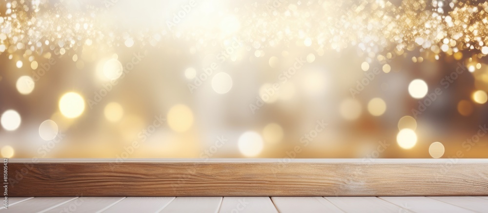 Poster design ready copy space image with a blurred bokeh background showcases an empty white wooden surfac