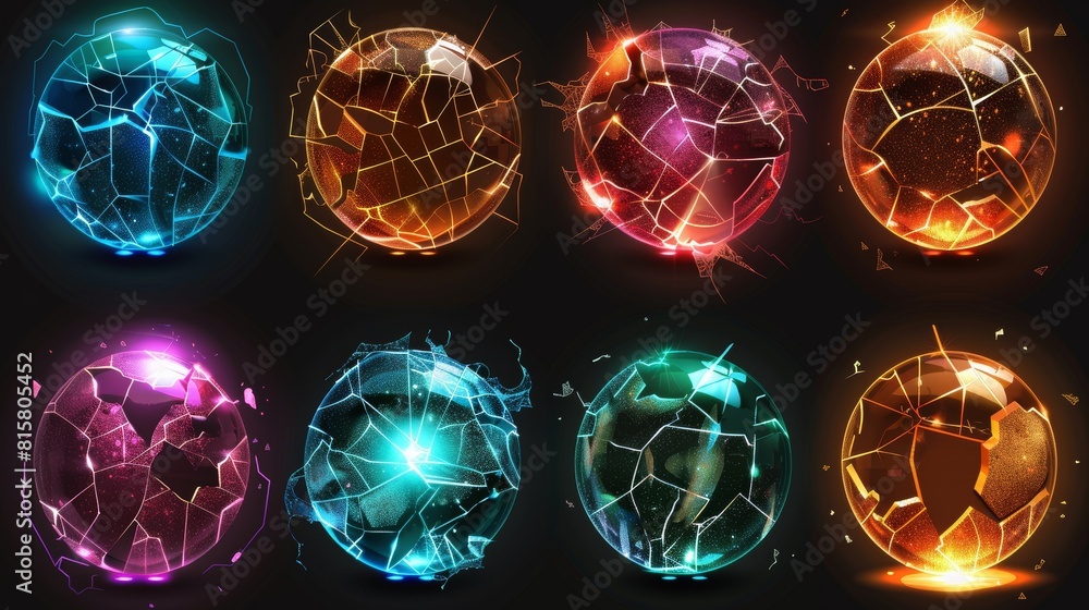 Poster an image set of cracked safety barriers and shiny spheres with fractures. an image set of broken bub