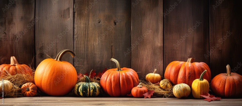 Poster on a wooden table there is a harvest of pumpkins being cut creating a vibrant and rustic scene with 