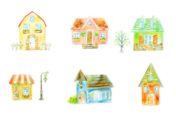 カラフルな家のセット　手描き