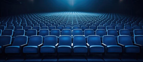 Obraz premium Rows of blue seats in a hall with a copy space image provide a comfortable cinema experience for spectators