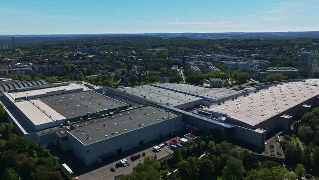 Aerial drone view of Messe Essen, the exhibition center of the city of Essen, North Rhine-Westphalia, Germany. It is located in the R&uuml;ttenscheid borough near the Grugapark. 