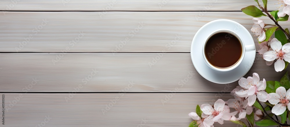 Poster a serene image of a coffee cup smartphone and flower arranged neatly on a table with a view from the