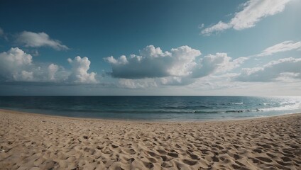 Obraz premium A serene beach with clear blue ocean water and fluffy clouds in the sky.