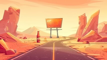 An orange mountain with a beer bottle, an advertising banner, and a road in the hot desert with red rocks. Modern cartoon scene of a hot sand desert with a highway turn.