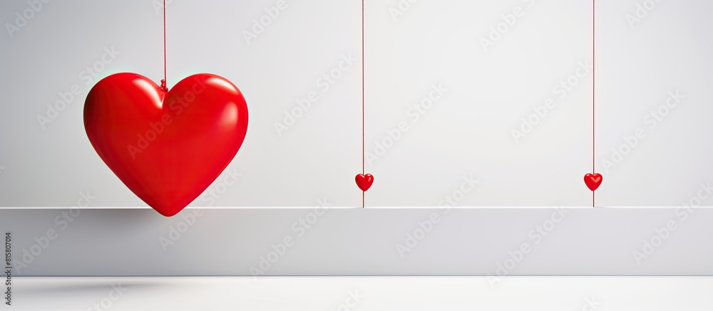 Poster red heart suspended on a line with a blank background as copy space image