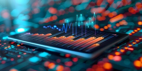 Futuristic 3D Financial Report with Digital Indicators and Upward Growth Arrows on Tablet Display
