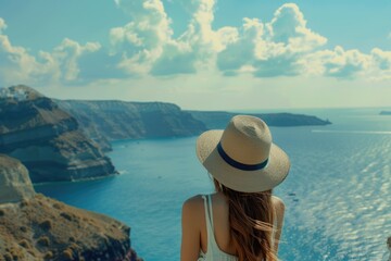 Young woman in blue hat enjoys freedom in Santorini.
