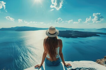 Young woman in blue hat enjoys freedom in Santorini.