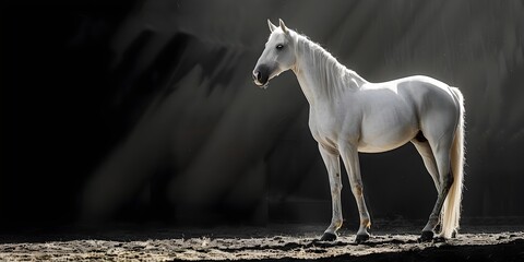 Obraz na płótnie Canvas Dramatic Silver Stallion Rearing Against Dark Background with Dramatic Lighting