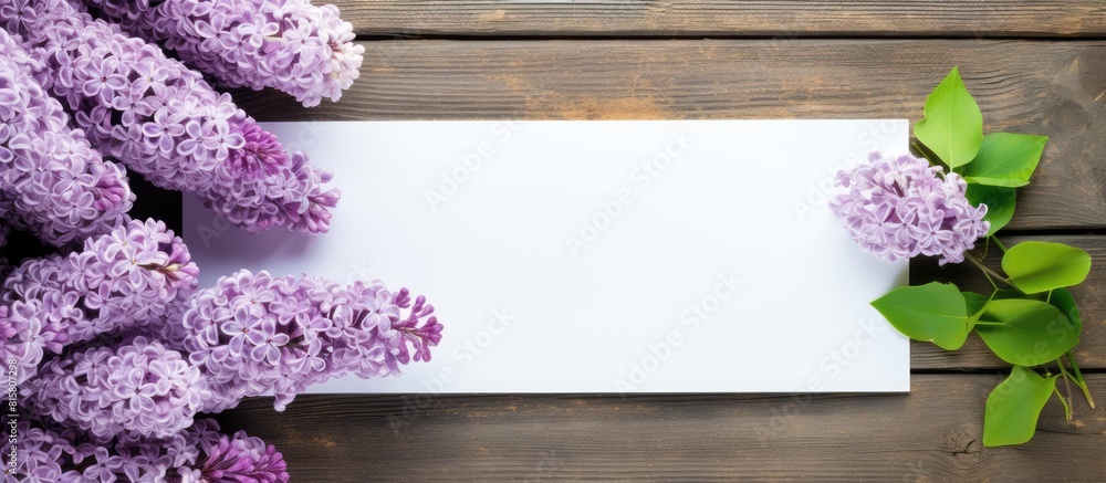 Aufkleber a spring themed background with a purple lilac floral frame a white paper sheet placed on weathered 