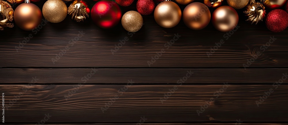 Poster there is a top down view of christmas baubles against a wooden background the image provides ample e