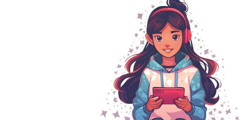 Smiling Girl Character Engaged in Interactive Learning Games on Digital Device with Copy Space