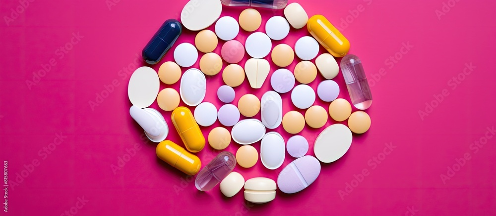 Poster top view image of colorful pills arranged in the shape of a forbidden sign conveying a concept about