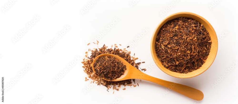 Poster top view of a bowl and scoop filled with dry tea leaves placed on a white background the image creat