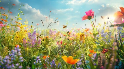 Summer. Meadow flowers on the field and blue clear sky with butterflies.
