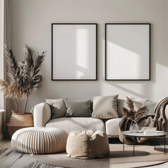 Mock up two poster frames on the wall in living room interior, white couch, minimalist modern interior with 3d illustration