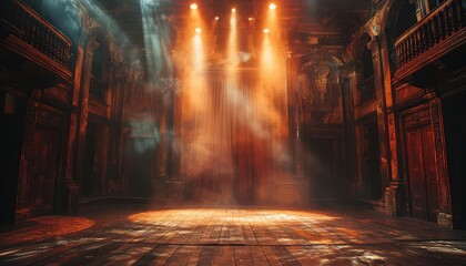 Theater stage with actors posing questions and a spotlight revealing the answer, dramatic setting, front angle