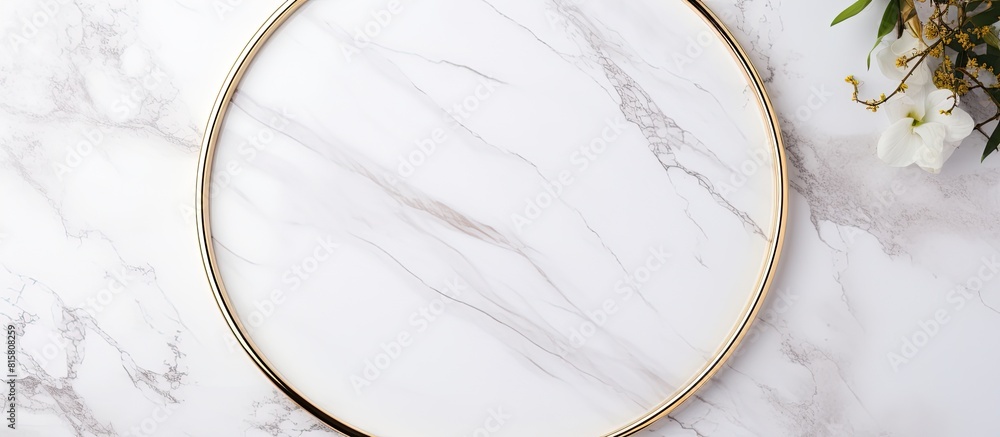 Aufkleber a trendy round frame with a sleek design is displayed on white marble providing an ideal copy space 